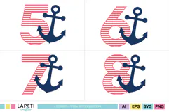 Collection of pink striped birthday numbers five through eight paired with navy anchors for nautical party decorations.