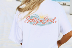 Retro coastal shirt design with ocean wave illustration and sun rays surrounding the phrase “Salty Soul.”