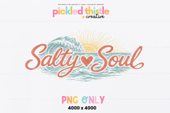 Summer beach shirt PNG featuring ocean waves and sunset illustration paired with hand-lettered phrase “Salty Soul.”