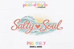 Summer beach shirt PNG featuring ocean waves and sunset illustration paired with hand-lettered phrase “Salty Soul.”