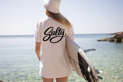 Trendy “Salty” script SVG for beach shirts, summer crafts, and coastal-inspired designs.