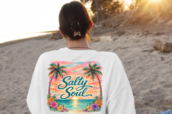 Island inspired beach sublimation design with palm trees, sunset ocean view, and bold script lettering reading “Salty Soul.”