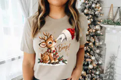 Digital reindeer graphic featuring warm brown fur, small antlers and a red and green plaid scarf beneath Santa’s gloved hand, paired with hand-painted “Boop!” lettering.