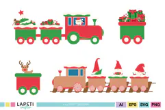 Christmas train clipart featuring Santa driving a red train with gift-filled wagons