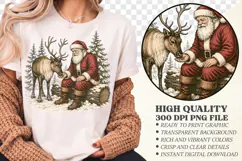 Santa Claus Feeding Reindeer PNG, Vintage Christmas Scene Product Image 1