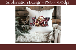 Whimsical Christmas sublimation design featuring Santa Claus hugging a sleeping reindeer between large buffalo plaid JOY letters with white snowflakes, winter greenery, berries, pinecones, and falling snow on a transparent background.