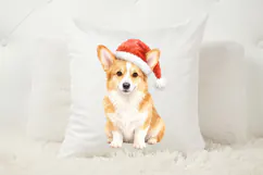Watercolor Christmas PNG featuring a cute tan and white corgi wearing a festive Santa hat in a clean standalone illustration.