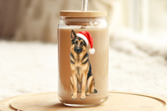 Holiday dog illustration of a seated black and tan German Shepherd wearing a fluffy Christmas hat. The centered composition highlights the dog’s face and realistic fur details.