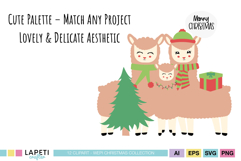 Santa’s little helper llama wearing a green hat and red scarf, perfect for festive designs.