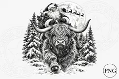 Santa Highland Cow Christmas PNG | Vintage Black & White Win Product Image 1