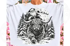 Santa Highland Cow Christmas PNG | Vintage Black & White Win Product Image 2