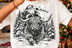 Santa Highland Cow Christmas PNG | Vintage Black & White Win Product Image 3