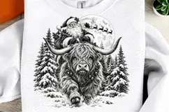 Santa Highland Cow Christmas PNG | Vintage Black & White Win Product Image 4