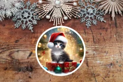 Santa Kitten with Gift Round Sign PNG