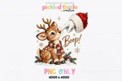 Textured Christmas PNG of an adorable reindeer wearing a festive plaid scarf while Santa touches its nose, with snowy ground, evergreen branches and scattered snowflakes.