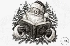 Santa Reading a Book PNG | Vintage Black & White Christmas S Product Image 1