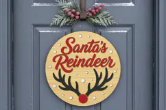 Santa Reindeer Door Hanger SVG, Round Wooden Laser Cut File Product Image 1