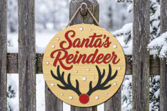 Santa Reindeer Door Hanger SVG, Round Wooden Laser Cut File Product Image 2