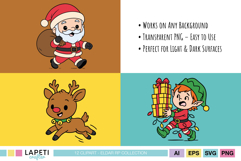 Cute Santa, reindeer and elf illustrations in bright colors, ideal for holiday clipart and crafting projects.
