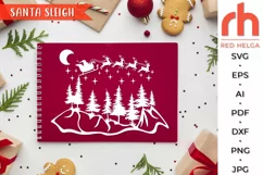 santa sleigh svg, christmas night svg, christmas scene svg, flying santa svg, santa reindeer svg, christmas forest svg, christmas mountains svg, rustic holiday svg, starry forest svg, santa and reindeer svg, merry christmas svg, santa claus svg