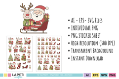 Santa and reindeer riding sleigh full of gifts, adorable Christmas clipart in festive tones.