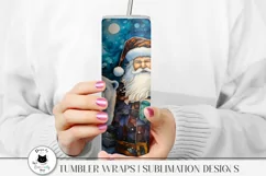 woman holding a tumbler with santa wrap