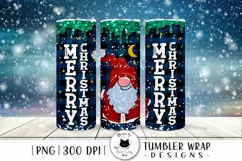 christmas sublimation design saying merry christmas with cute santa illustration shown on tumblers