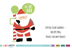 Christmas Santa standing next to candy-striped signpost with Ho Ho Ho text bubble, festive digital illustration.