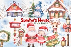 Santa&#039;s House Watercolor clipart bundle, Christmas house graphics, Reindeer barn, Santa Claus &amp; Mrs. Claus, Xmas sign, Cristmas tree png, Christmas postcard design, printable decorations download, Christmas gift, stickers, cake, birthday, baby parties