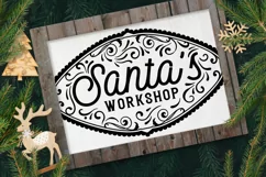 Santas workshop farmhouse christmas sign white on black cropped