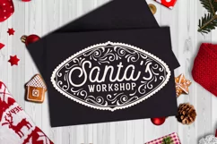 Santas workshop farmhouse christmas sign white on black