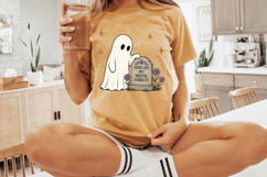 Cute ghost clipart standing beside a decorative tombstone with humorous Halloween wording and floral embellishments.