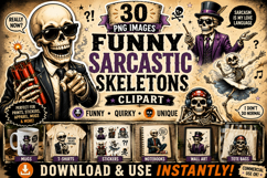Funny Sarcastic Skeleton PNG Clipart Bundle | 30 Designs Product Image 1