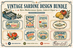 Vintage Sardine Design Bundle | Retro Mediterranean Quotes Product Image 1