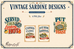 Vintage Sardine Designs | Retro Seafood Typography PNGs Product Image 1