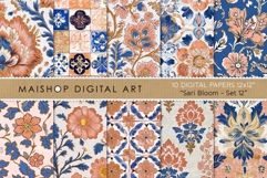 Earthy sari bloom ethnic patterns with seamless floral tiles and botanical motifs in orange, teal, and mustard.