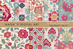 Vibrant sari bloom ethnic patterns with seamless floral tiles and botanical motifs in pink, teal, and gold.