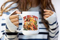 Western cowgirl artwork with cactus and sunset scene, sassy pin-up style character in red boots and tan outfit, detailed vintage illustration for sublimation or apparel design
