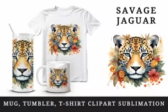 Savage Jaguar leopard flowers floral cheetah Africa wild cat animal print 20 oz tumbler skinny mug wrap clipart t-shirt sublimation printable design
