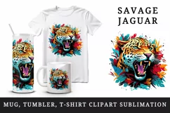 Savage Jaguar leopard flowers floral cheetah Africa wild cat animal print 20 oz tumbler skinny mug wrap clipart t-shirt sublimation printable design