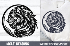 Savage wolf SVG with a fierce alpha wolf under a crescent moon and stars. Bold aggressive design for tattoo art, gothic decor, pagan crafts and laser engraving.