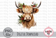 Watercolor Highland Cow PNG, Christmas Highland Cow PNG Product Image 1