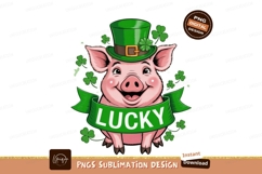 SBL-010754.png	Cheerful pink pig wearing green hat and banne Product Image 1