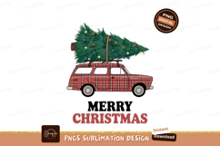 Red plaid wagon carrying Christmas tree image Product Image 1