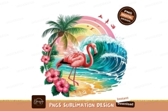 Pink flamingo tropical beach wave sunset ocean Product Image 1
