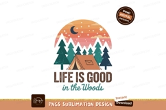 Retro camper with campfire and pine trees trailer travel Lif Product Image 1