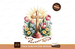 Golden Cross Surrounded By Flowers And Rosary tulips Product Image 1