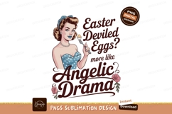 Woman holding deviled egg on fork pinup retro Product Image 1