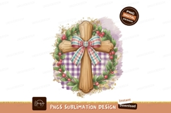 Wooden cross with floral wreath and plaid bow leaves Product Image 1