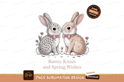 Two bunnies kissing with pink bows and flowers SUBLIMATION Product Image 1